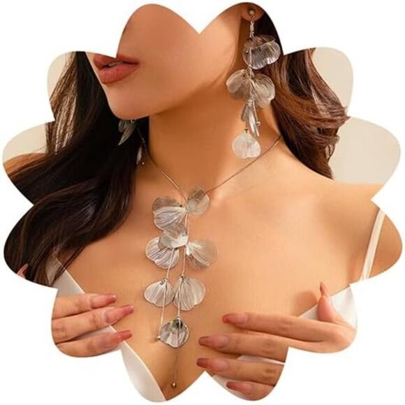 Bohemian Long Tassel Y Necklaces Ginkgo Leaf Design and Earring Set Silver - Picture 1 of 7